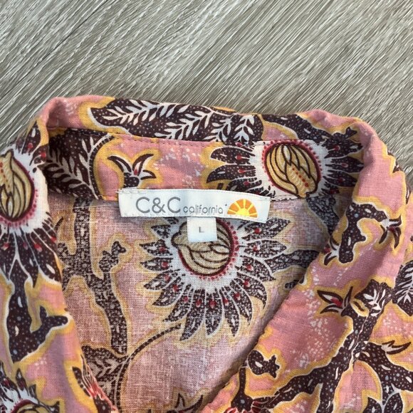 C & C California Women’s L Linen Blend Floral Button Blouse Pink Boho Hippie - Picture 2 of 5